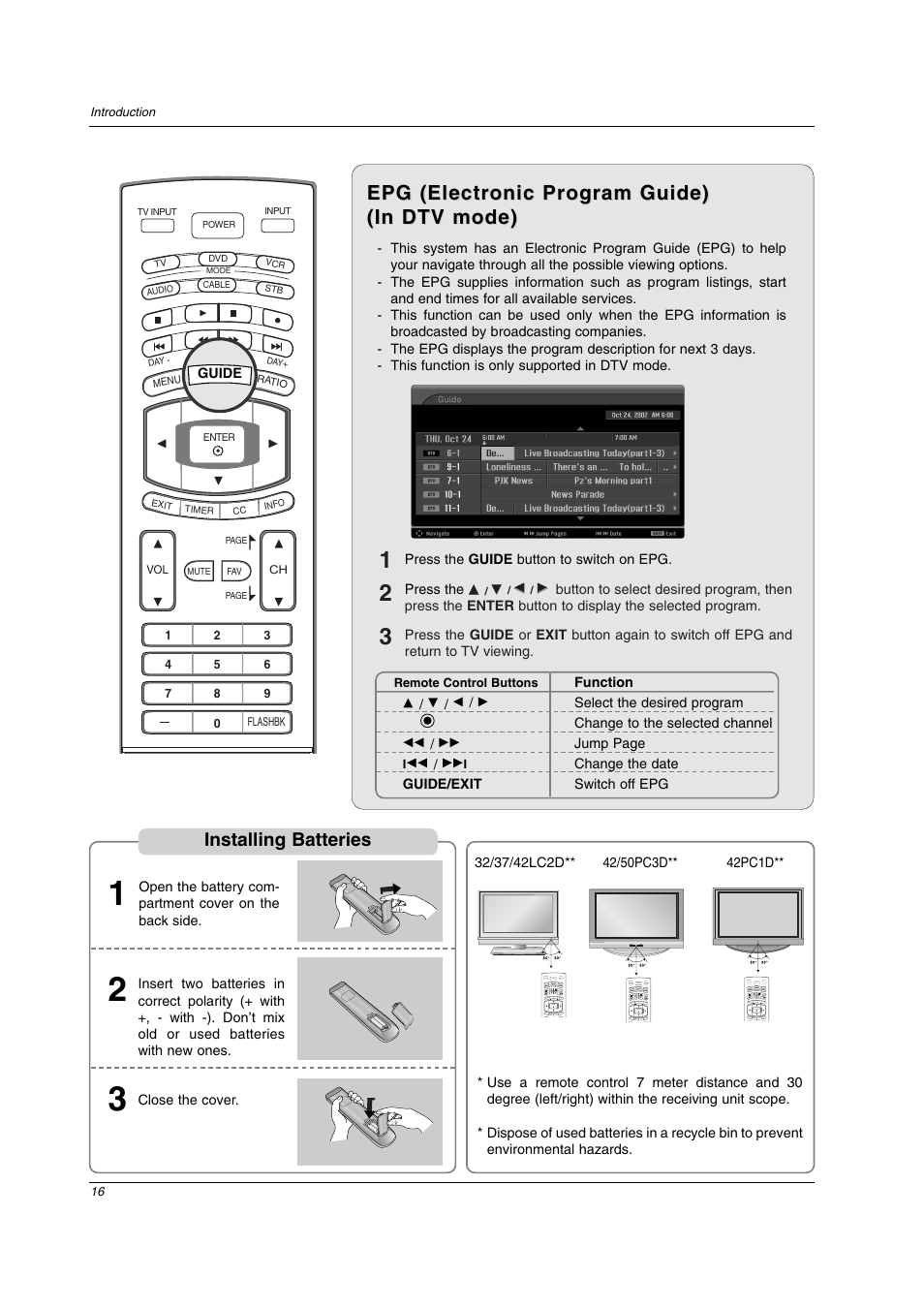 Epg (electronic program guide), Installing batteries | LG 32LC2D User Manual | Page 16 / 68