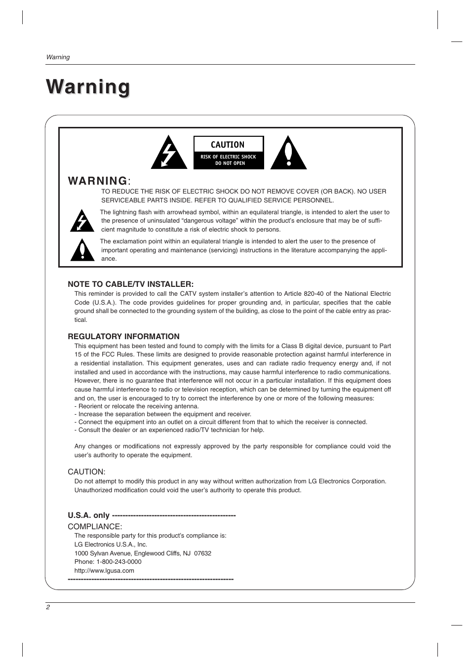 Warning arning, Warning | LG 32LC2D User Manual | Page 2 / 68