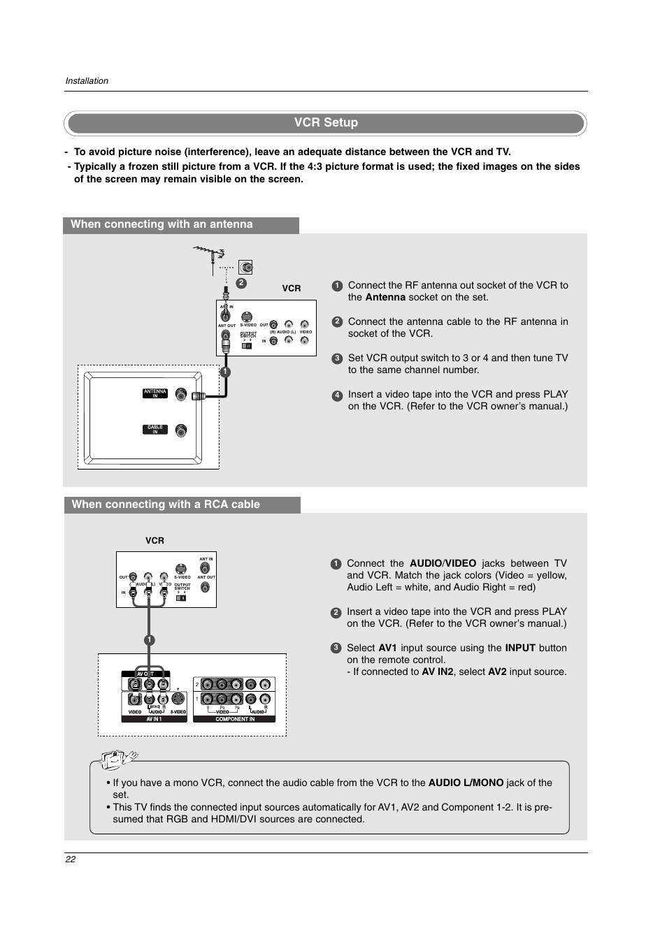 Vcr setup, When connecting with an antenna, When connecting with a rca cable | 22 installation | LG 32LC2D User Manual | Page 22 / 68