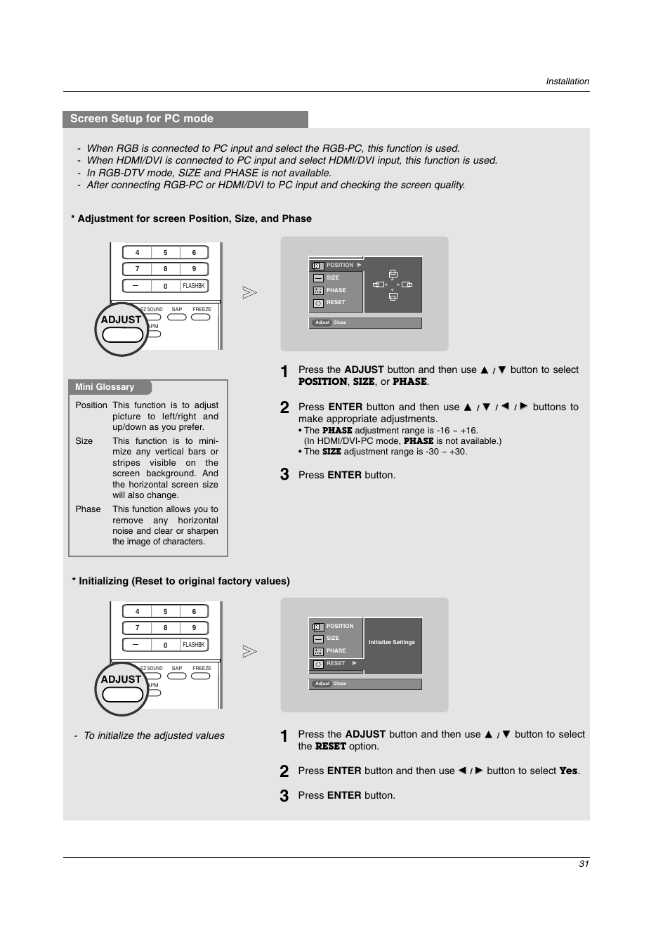 Screen setup for pc mode | LG 32LC2D User Manual | Page 31 / 68