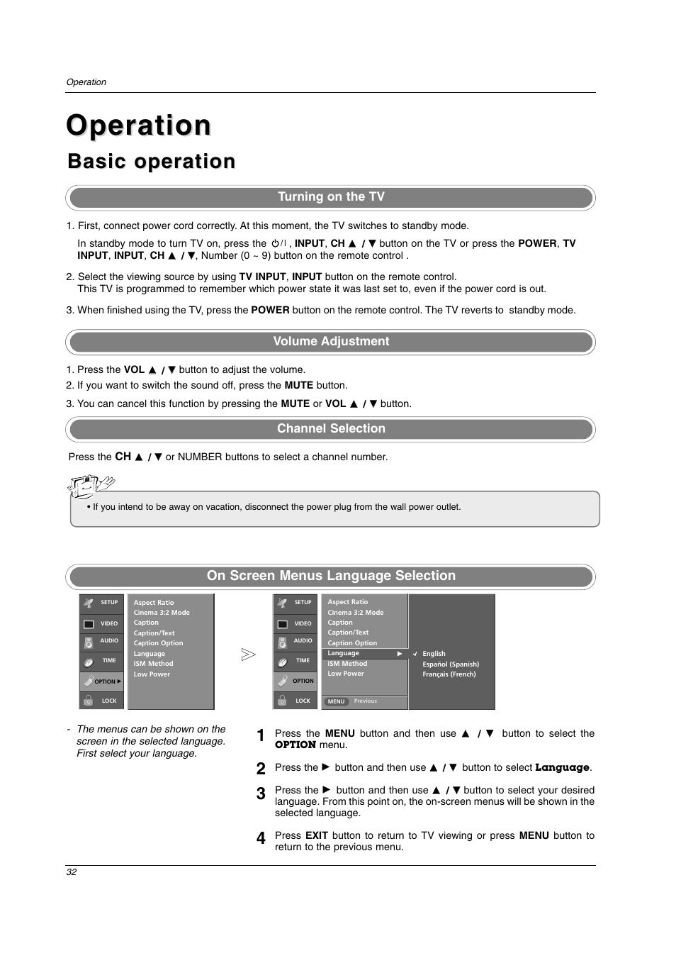 Operation, Basic operation, On screen menus language selection | LG 32LC2D User Manual | Page 32 / 68