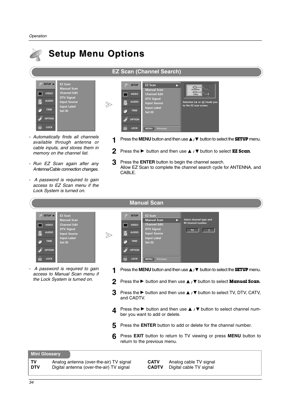 Setup menu options, Ez scan (channel search), Manual scan | LG 32LC2D User Manual | Page 34 / 68