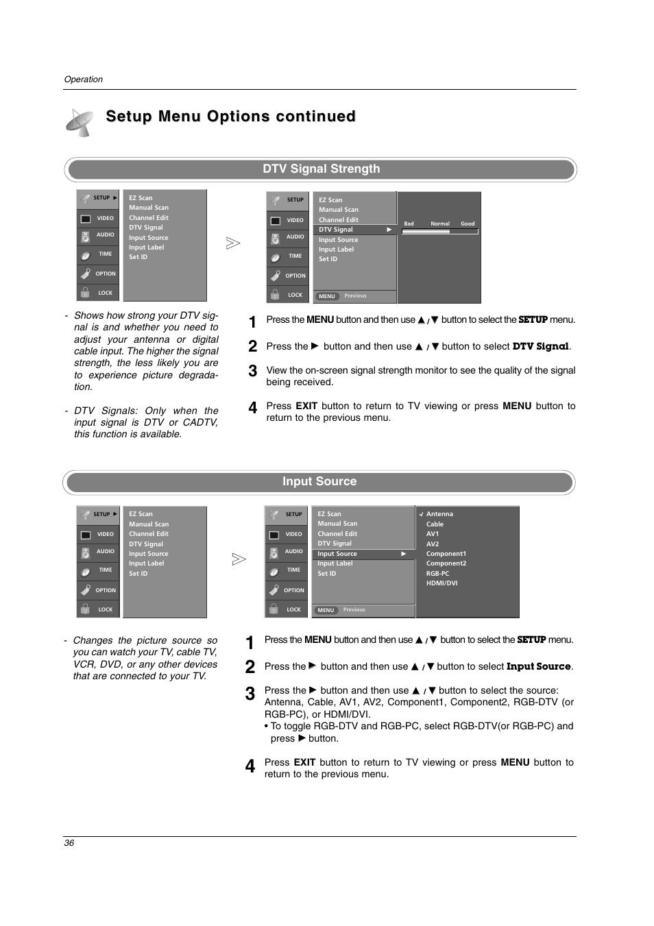 Setup menu options continued, Dtv signal strength, Input source | LG 32LC2D User Manual | Page 36 / 68