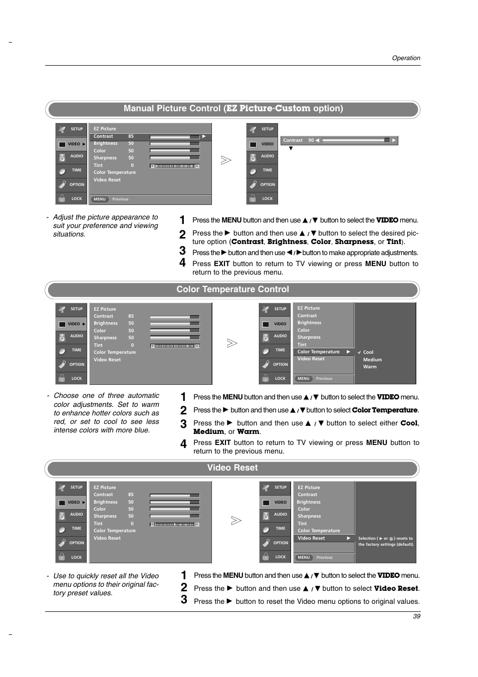 Color temperature control, Manual picture control, Option) | Video reset, Ez picture-custom, Button to select the, Menu. press the, Button and then use, Button to select, Press the | LG 32LC2D User Manual | Page 39 / 68