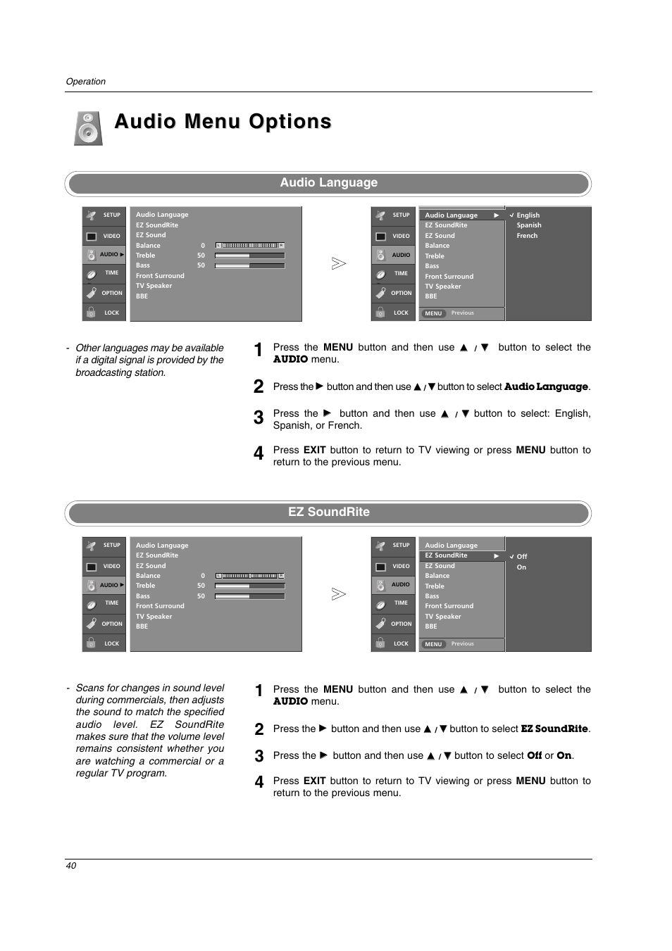 Audio menu options, Audio language ez soundrite | LG 32LC2D User Manual | Page 40 / 68