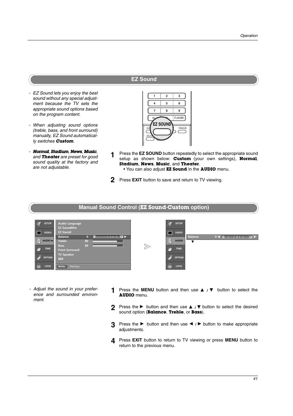 Ez sound manual sound control, Option), Ez sound-custom | LG 32LC2D User Manual | Page 41 / 68