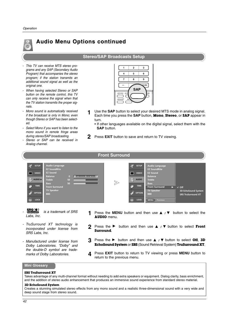 Audio menu options continued, Stereo/sap broadcasts setup front surround | LG 32LC2D User Manual | Page 42 / 68