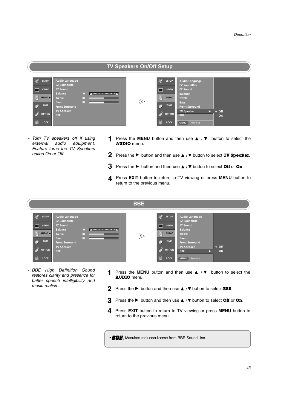 Tv speakers on/off setup | LG 32LC2D User Manual | Page 43 / 68