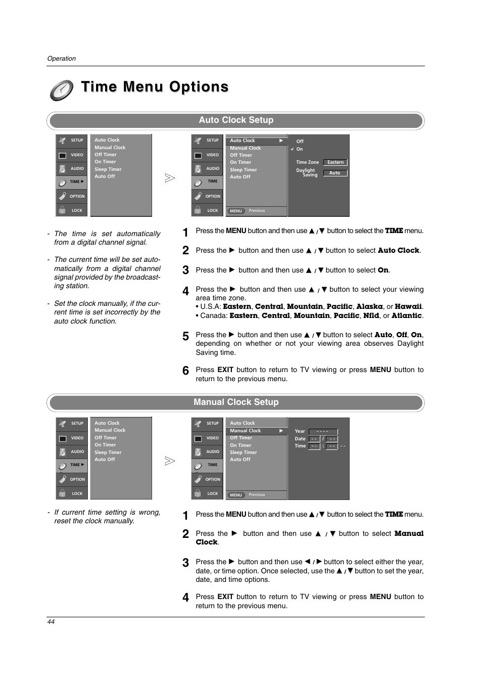 Time menu options ime menu options, Auto clock setup manual clock setup | LG 32LC2D User Manual | Page 44 / 68