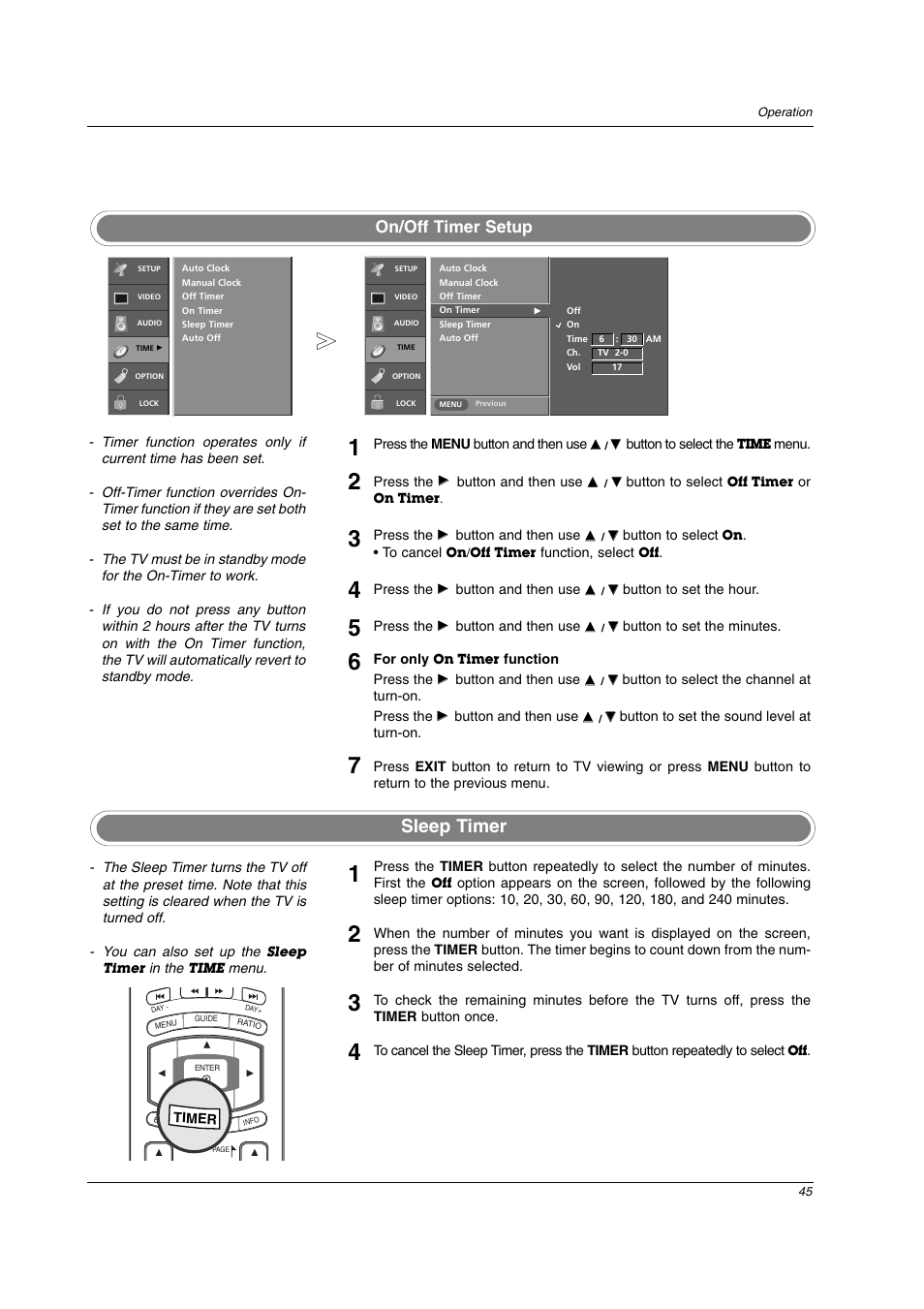 Sleep timer, On/off timer setup | LG 32LC2D User Manual | Page 45 / 68