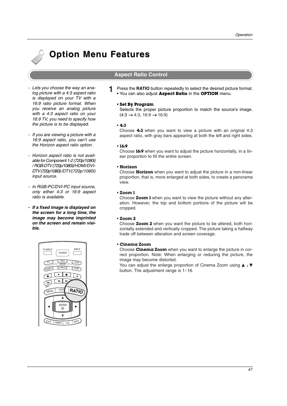 Option menu features, Aspect ratio control | LG 32LC2D User Manual | Page 47 / 68