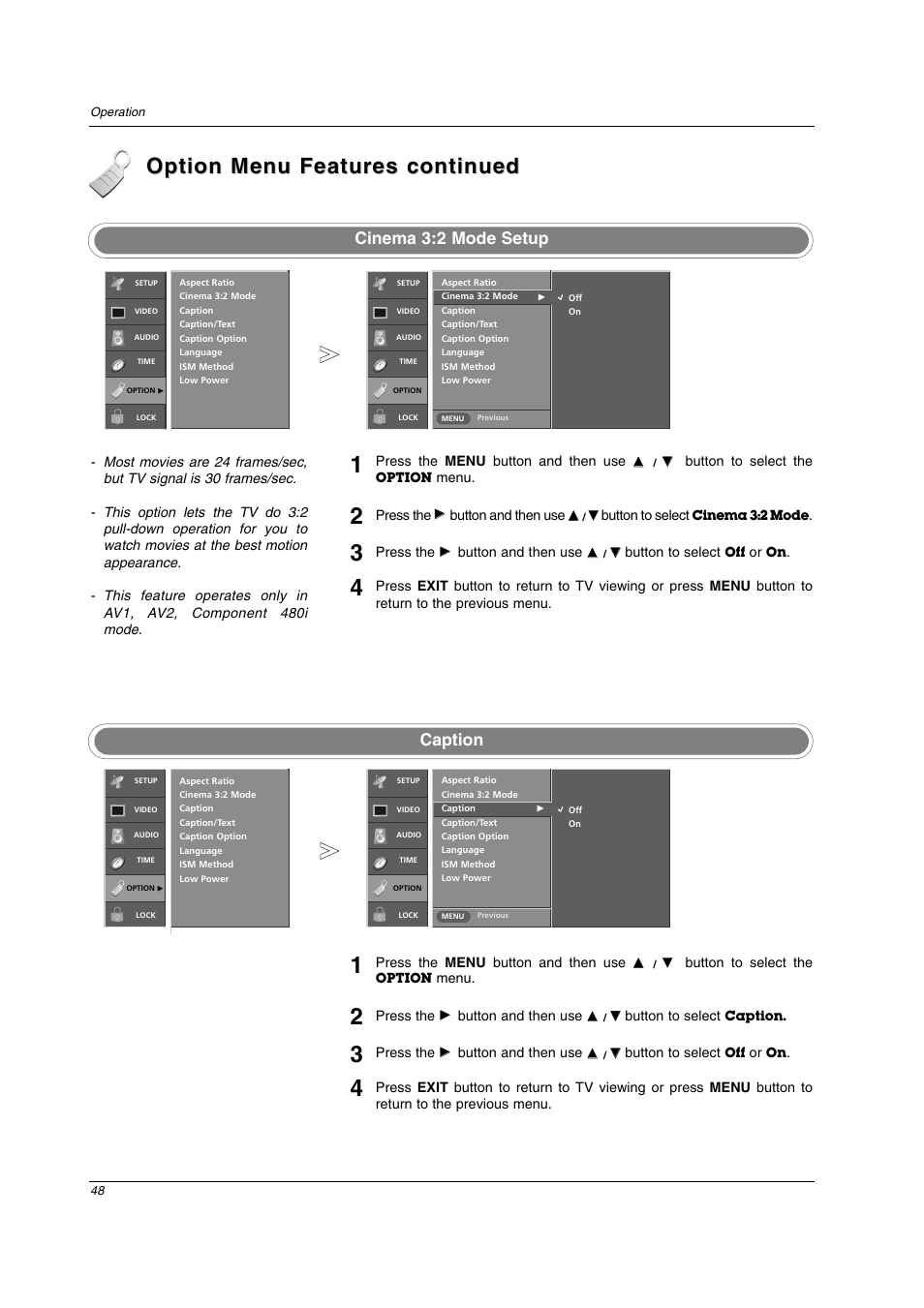 Option menu features continued, Caption, Cinema 3:2 mode setup | LG 32LC2D User Manual | Page 48 / 68