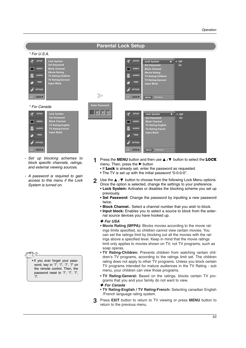 Parental lock setup | LG 32LC2D User Manual | Page 53 / 68