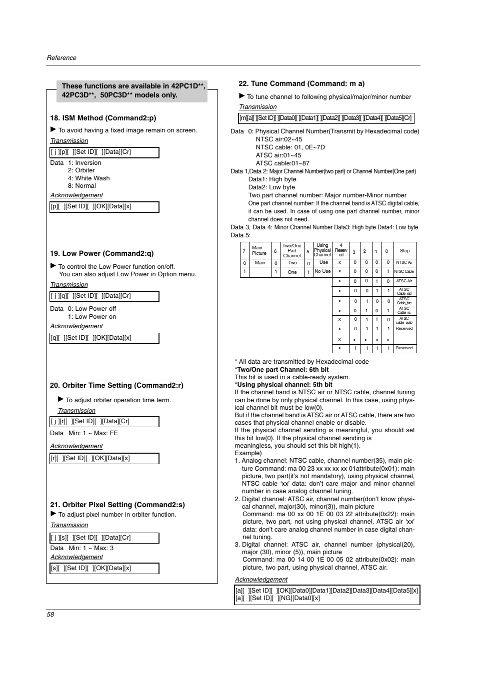 Tune command (command: m a), Orbiter time setting (command2:r), Orbiter pixel setting (command2:s) | Low power (command2:q) | LG 32LC2D User Manual | Page 58 / 68