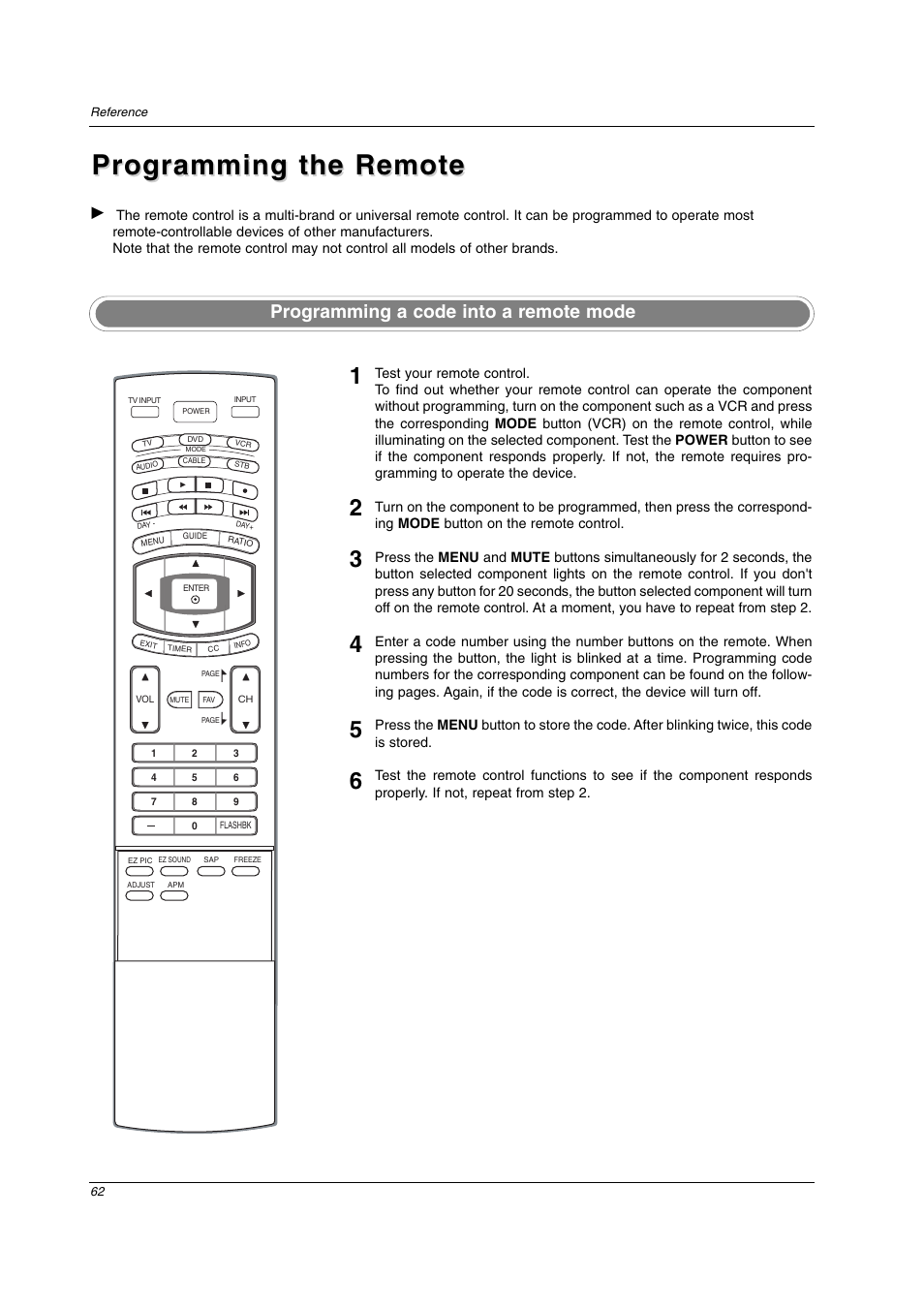 Programming the remote, Programming a code into a remote mode | LG 32LC2D User Manual | Page 62 / 68