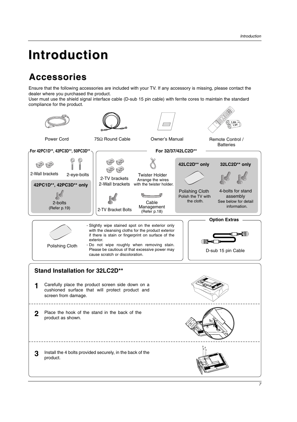 Introduction, Accessories, Stand installation for 32lc2d | LG 32LC2D User Manual | Page 7 / 68