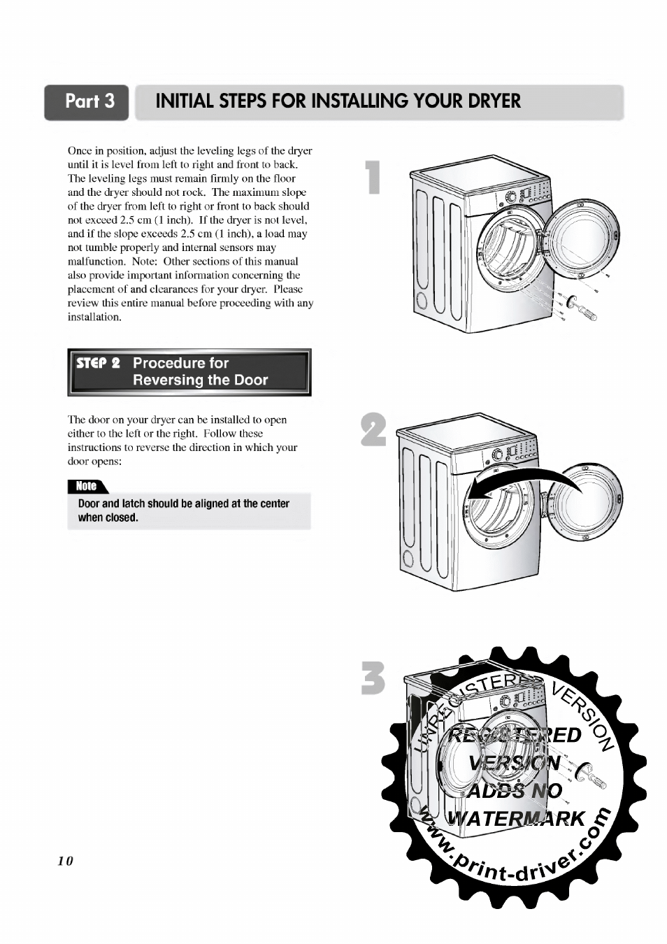 Procedure for reversing the door, Initial steps for ins1alling your dryer | LG TD-V12246E User Manual | Page 10 / 34