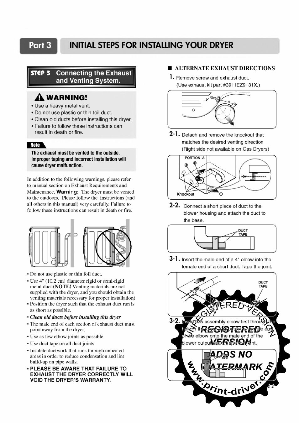 Connecting the exhaust and venting system, Alternate exhaust directions, Initial steps for installing your dryer | LG TD-V12246E User Manual | Page 11 / 34