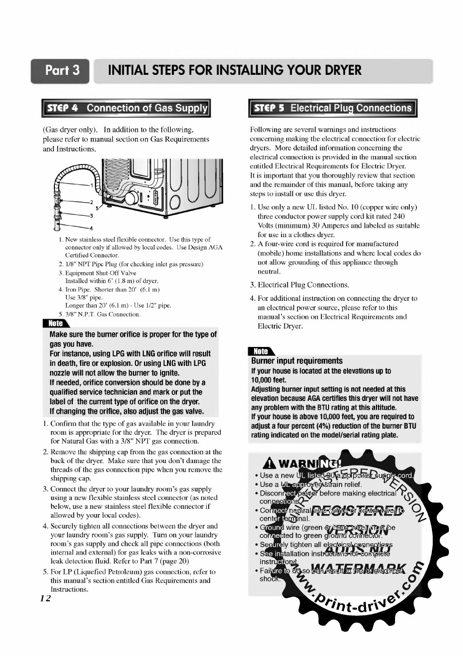 St€p 4 connection of gas supply, Stcp 5 electrical pluq connections, Initial steps for installing your dryer | LG TD-V12246E User Manual | Page 12 / 34