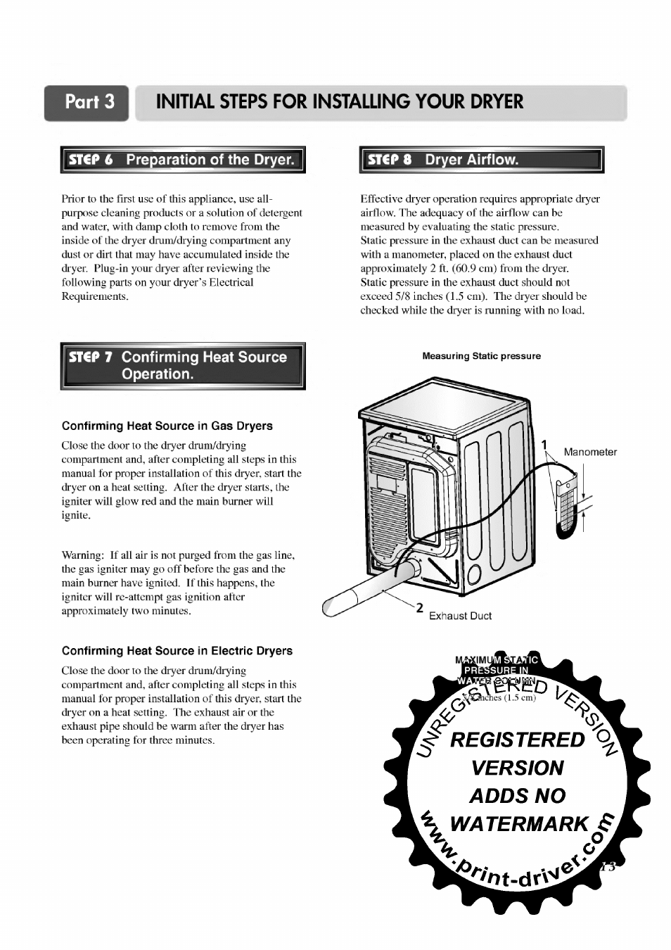 Stcp 6 preparation of the dryer, Stcp 7 confirming heat source operation, Confirming heat source in gas dryers | Confirming heat source in eiectric dryers, Initial steps for installing your dryer | LG TD-V12246E User Manual | Page 13 / 34