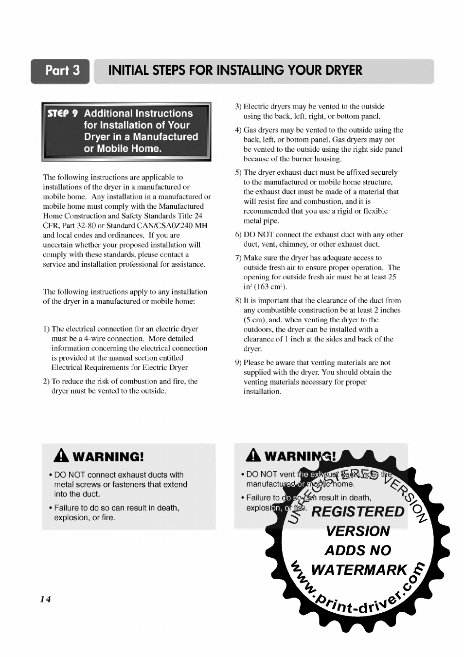 A warning, A warnii, Registered version adds no watermark | Warning, Warnii, Initial steps for installing your dryer | LG TD-V12246E User Manual | Page 14 / 34