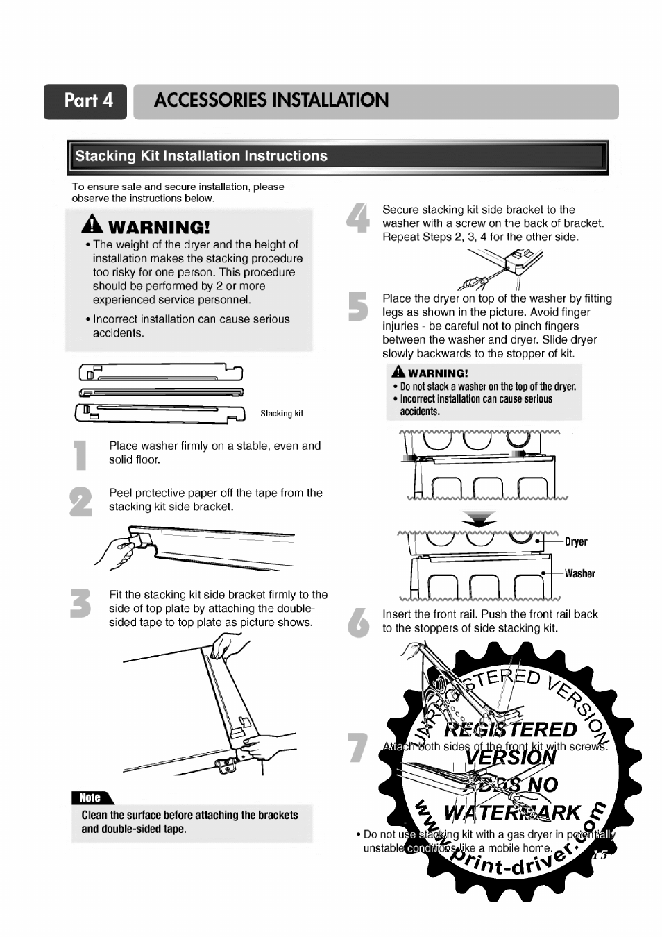 Stacking kit installation instructions, A warning, Washer | Accessories installation, Iriizlat | LG TD-V12246E User Manual | Page 15 / 34