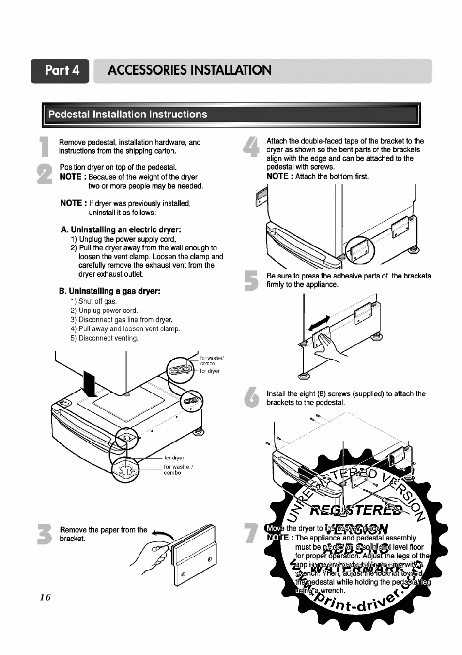 Accessories installation, Pedestal installation instructions, A. uninstalling an electric dryer | B. uninstalling a gas dryer | LG TD-V12246E User Manual | Page 16 / 34