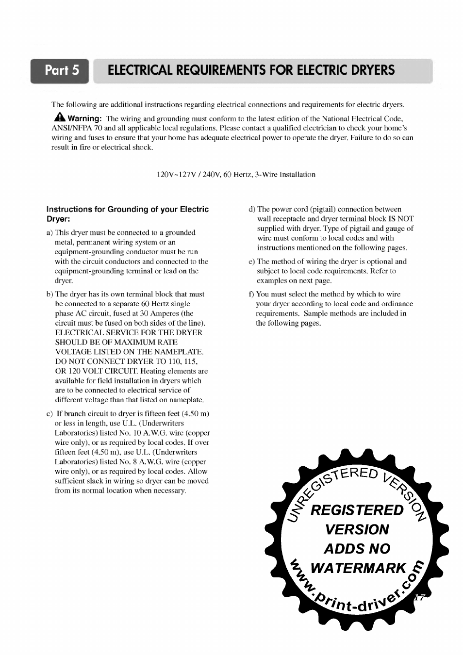 Instructions for grounding of your electric dryer, Electrical requirements for electric dryers | LG TD-V12246E User Manual | Page 17 / 34