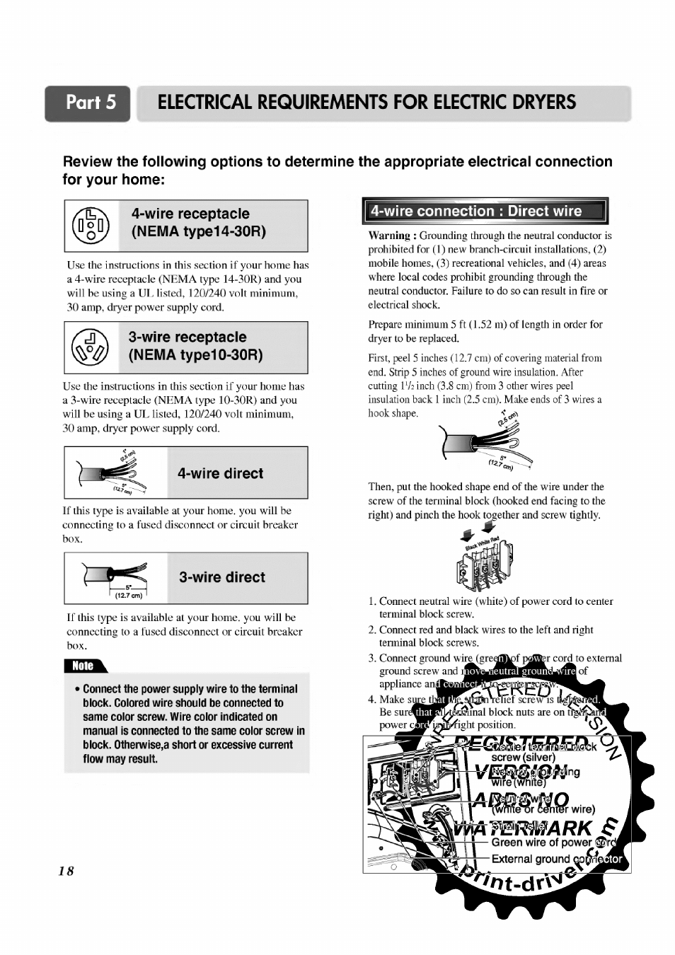 Wire connection : direct wire, Green wire of power ^— external ground, 2rit-dr | Electrical requirements for electric dryers | LG TD-V12246E User Manual | Page 18 / 34