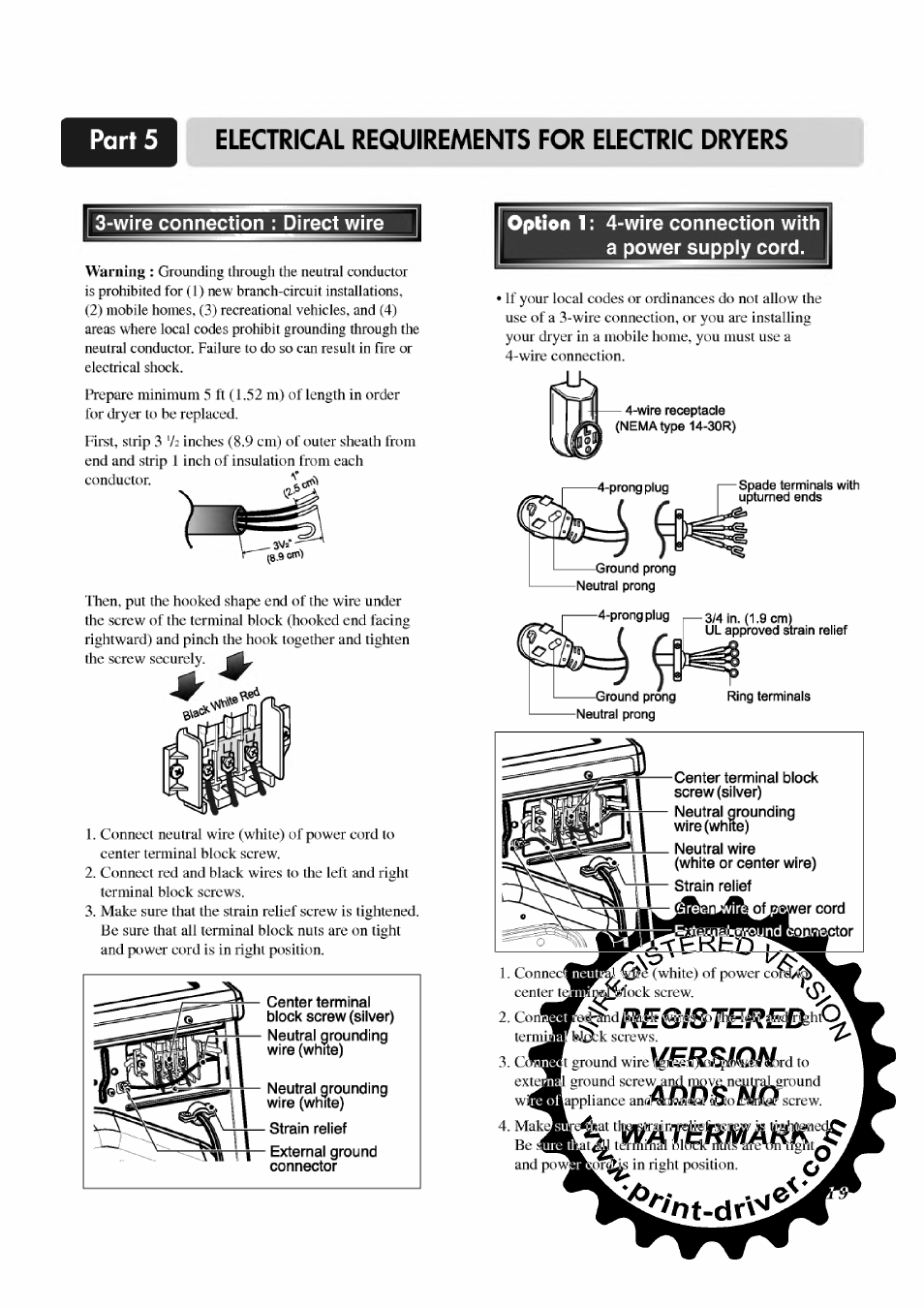 Wire connection : direct wire, Spade terminals with, Electrical requirements for electric dryers | LG TD-V12246E User Manual | Page 19 / 34