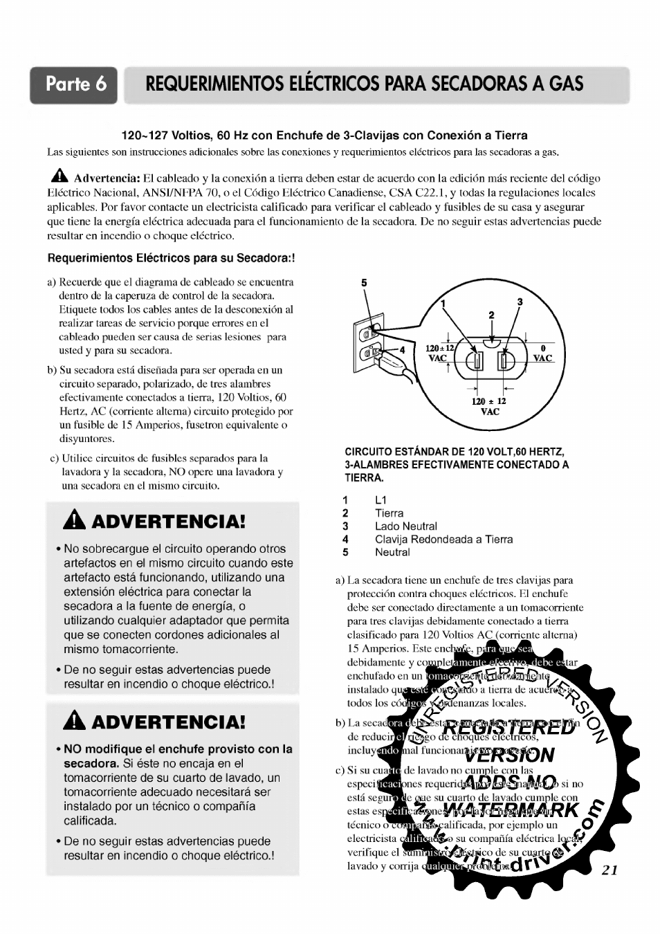 Requerimientos electricos para secadoras a gas, A advertencia, 1 l1 | 2 tierra, 3 lado neutral, 4 clavija redondeada a tierra, 5 neutral | LG TD-V12246E User Manual | Page 21 / 34