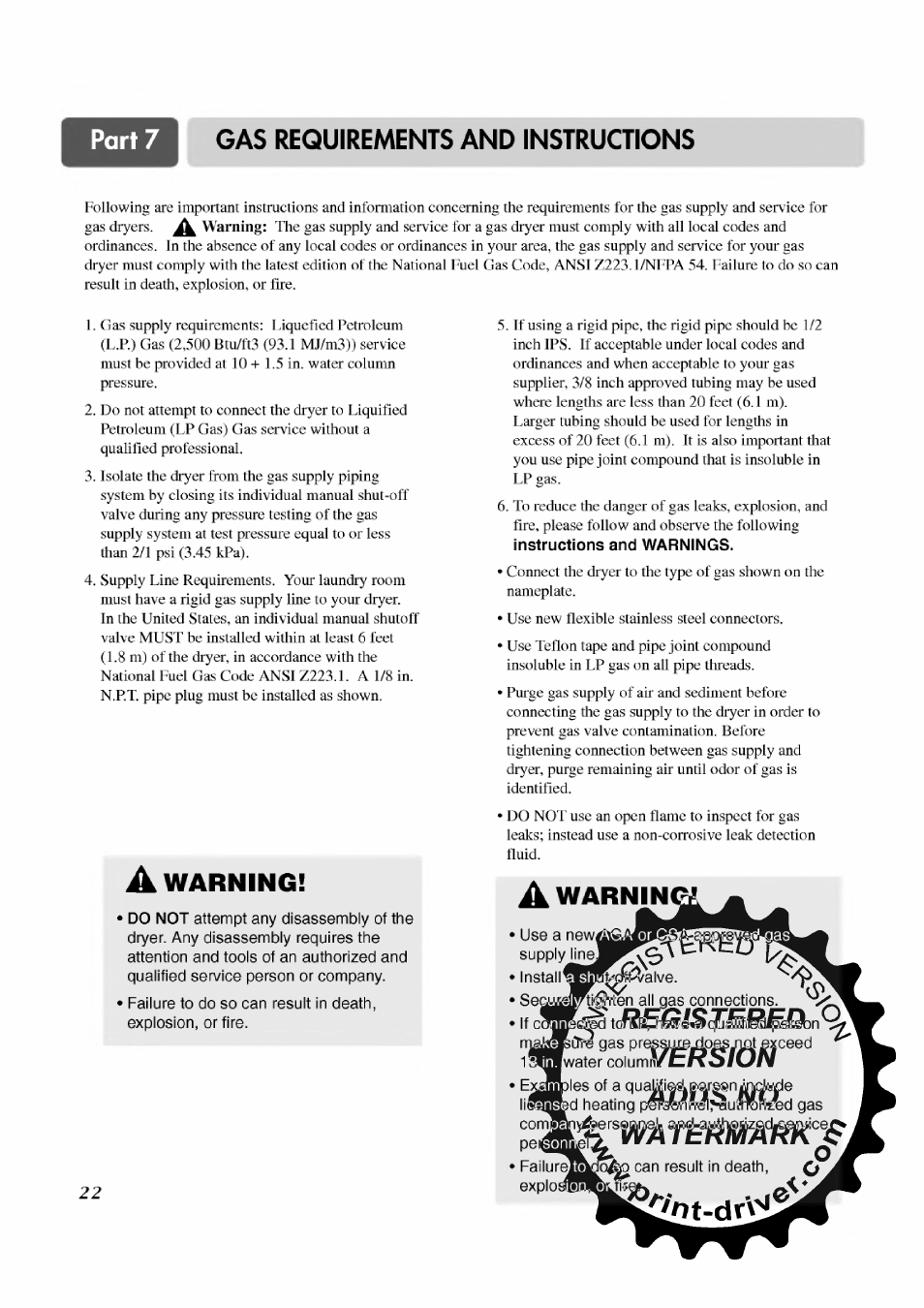 A warning, A warnini, Explom!ibpk.^efr | Warning, Warnini, Gas requirements and instructions | LG TD-V12246E User Manual | Page 22 / 34