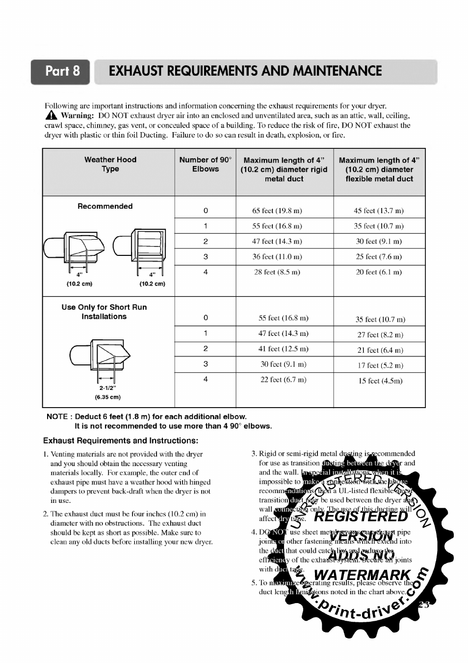 Weather hood type, Recommended, Use only for short run installations | Exhaust requirements and instructions, Watermark si, Exhaust requirements and maintenance | LG TD-V12246E User Manual | Page 23 / 34