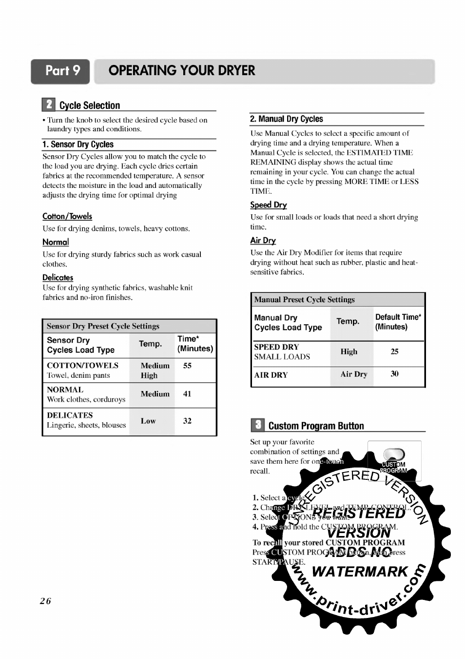 Cycle selection, Sensor dry cycles, Colton/towels | Normal, Délicates, Manual dry cycles, Speed dry, Air dry, Custom program button, Watermark s | LG TD-V12246E User Manual | Page 26 / 34