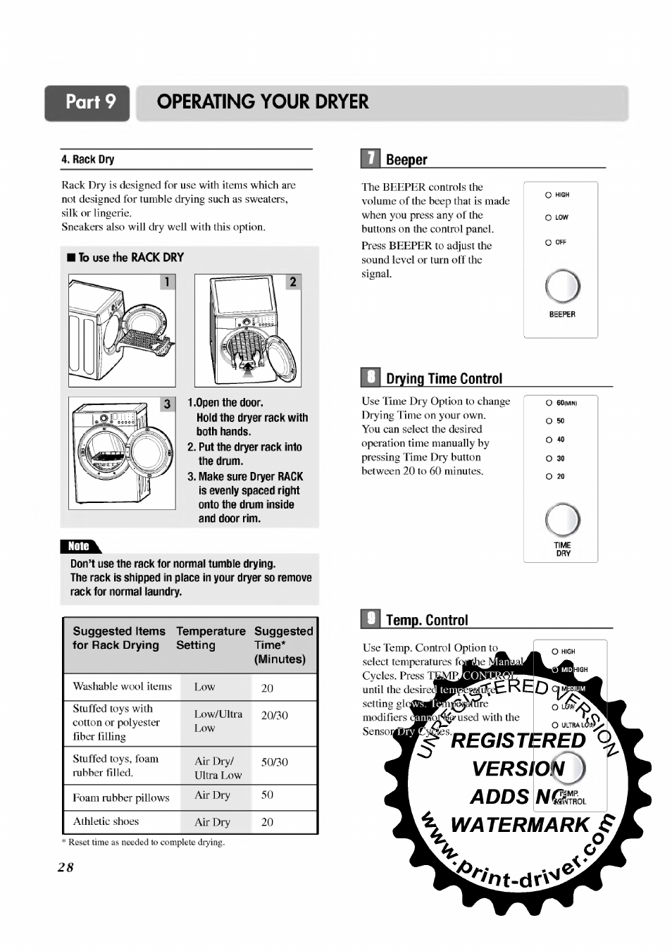 Beeper, Operating your dryer | LG TD-V12246E User Manual | Page 28 / 34