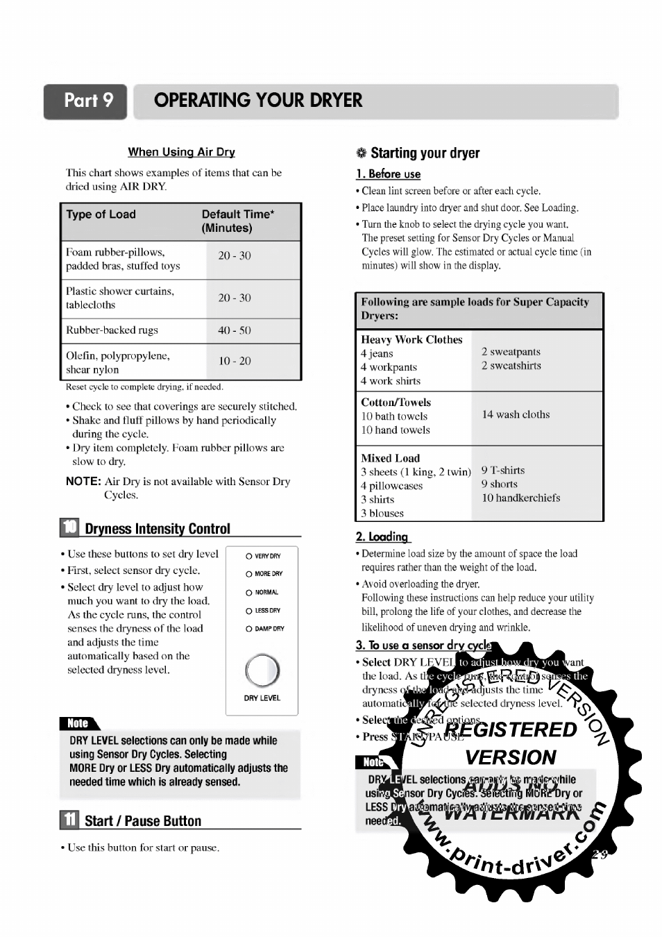 Q dryness intensity control, Start / pause button, Starting your dryer | 1, before use, To use g sensor dmevek, Press^k^^a, Fisistered version, Operating your dryer | LG TD-V12246E User Manual | Page 29 / 34