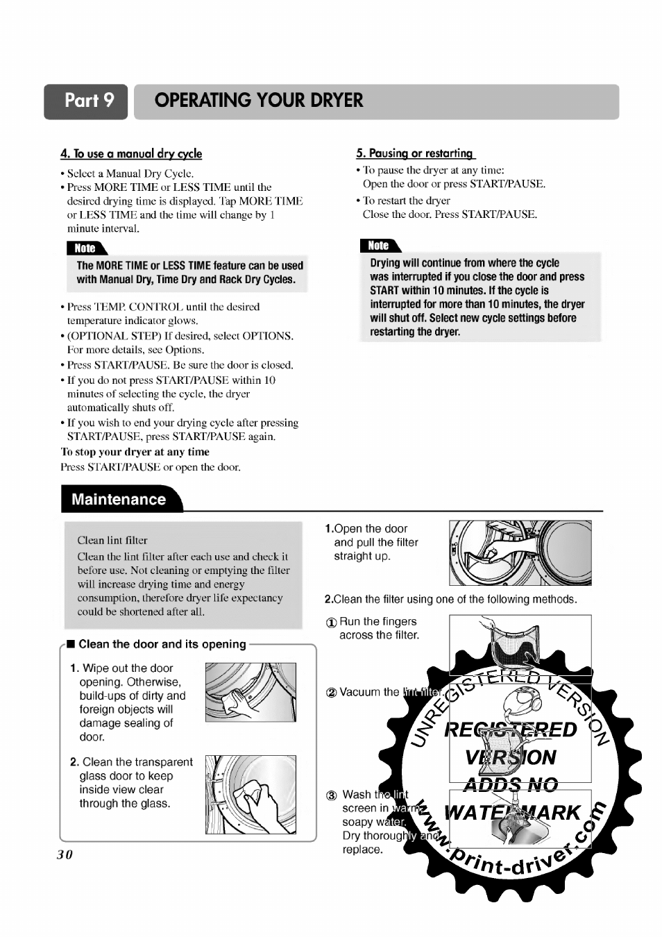 To us€ a manual dry cycle, Maintenance, Operating your dryer | LG TD-V12246E User Manual | Page 30 / 34