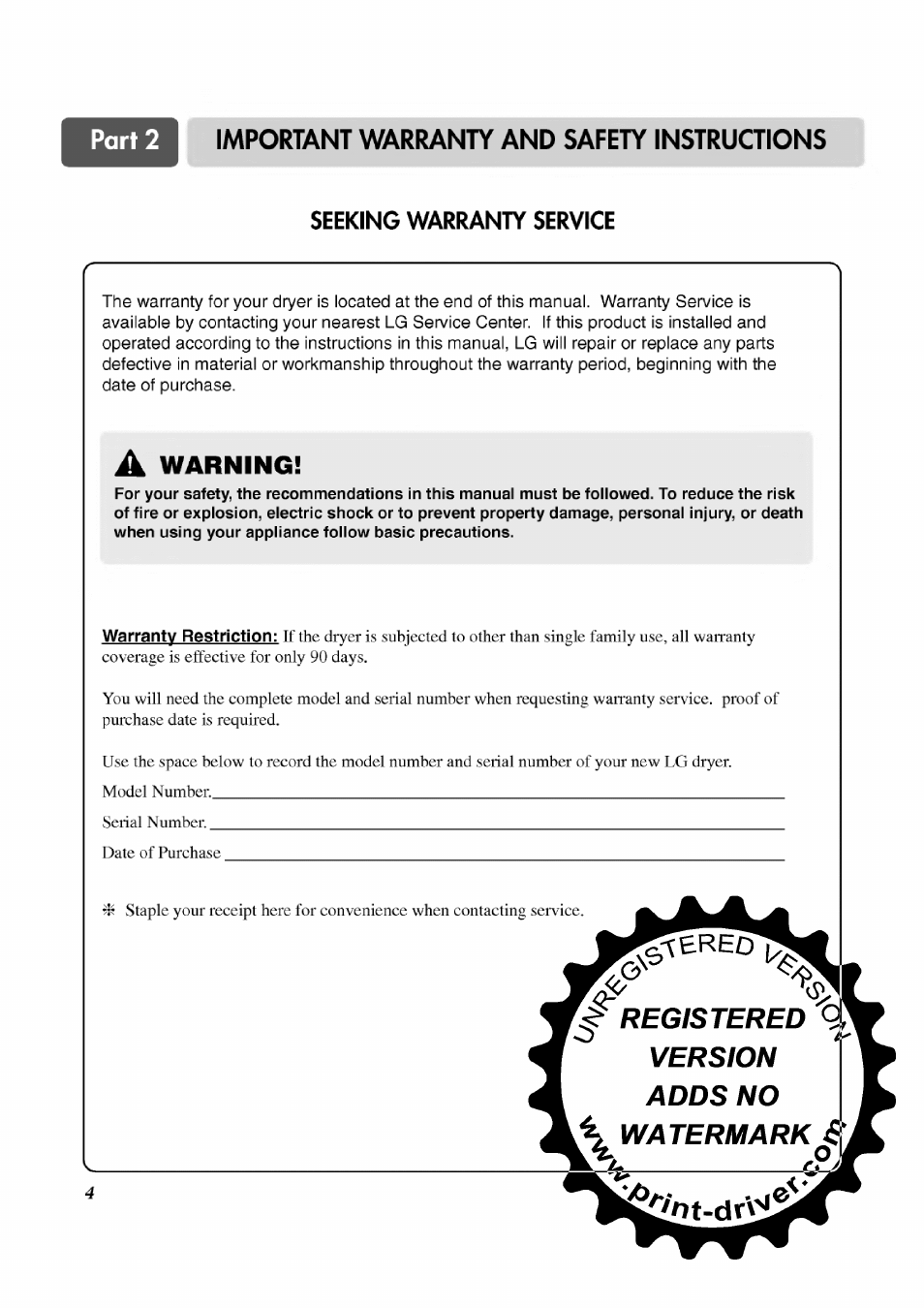 Warning, Important warranty and safety instructions, Seeking warranty service | LG TD-V12246E User Manual | Page 4 / 34