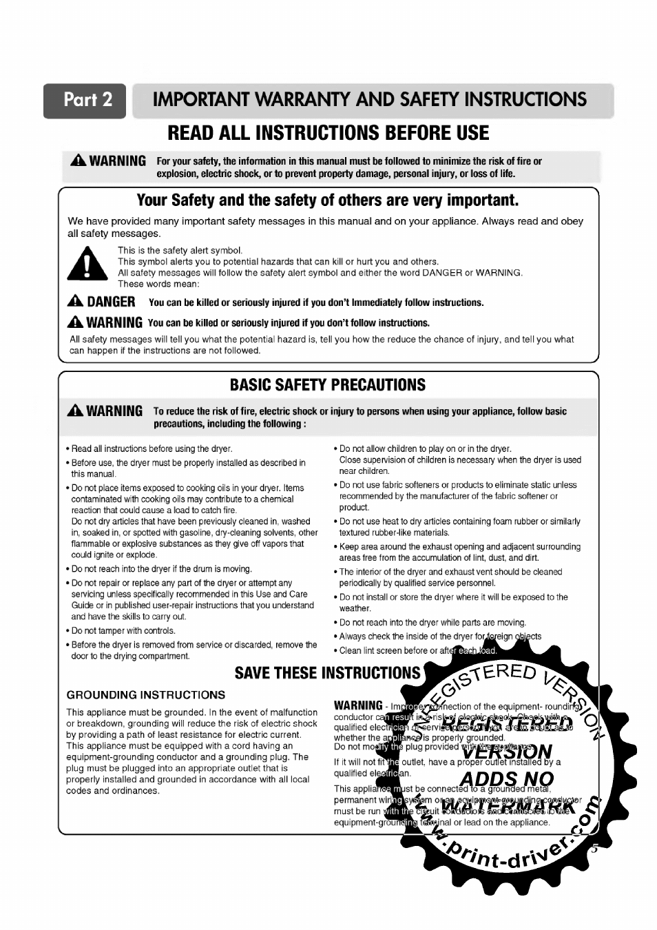 Basic safety precautions, Grounding instructions, Xmmsmisi | Save these instructions | LG TD-V12246E User Manual | Page 5 / 34