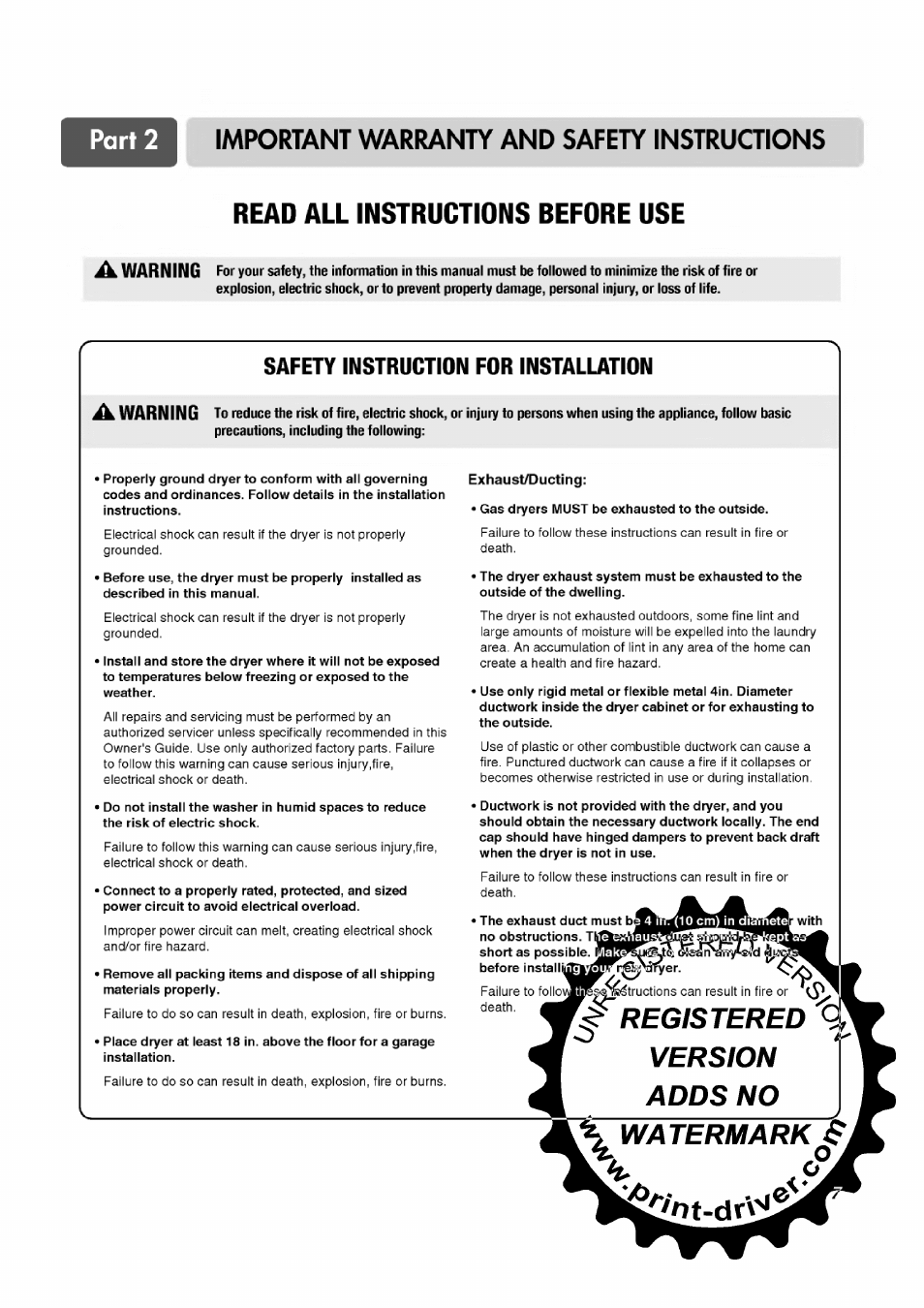 Read all instructions before use, Safety instruction for installation, Exhaust/ducting | LG TD-V12246E User Manual | Page 7 / 34