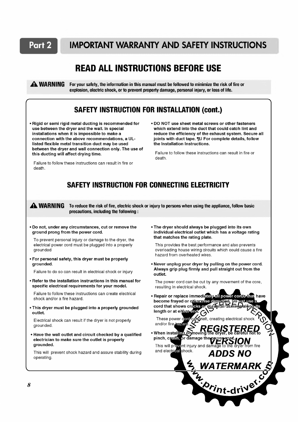 Read all instructions before use, Safety instruction for installation (cont.), Safety instruction for connecting electricity | Registered q, Adds no a watermark | LG TD-V12246E User Manual | Page 8 / 34