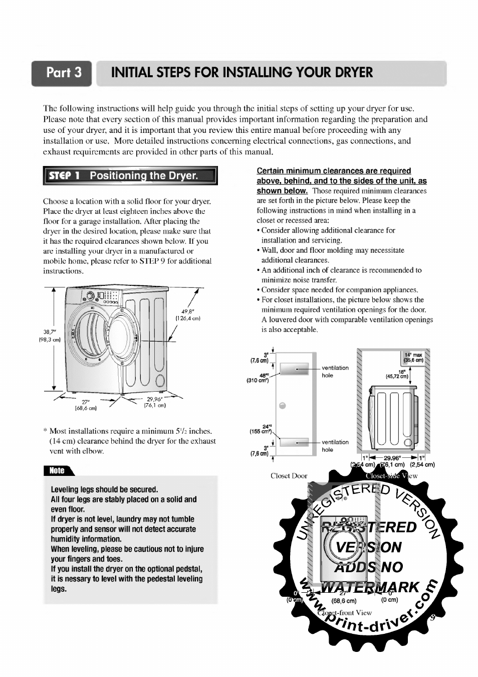 St€p 1 positioning the dryer, Initial steps for installing your dryer | LG TD-V12246E User Manual | Page 9 / 34