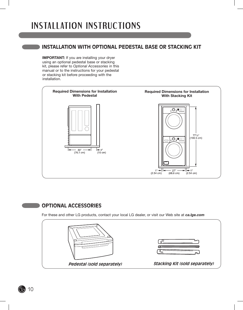 Optional accessories | LG DLE2101W User Manual | Page 10 / 112