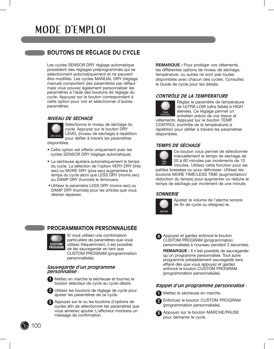 Boutons de réglage du cycle, Programmation personnalisée | LG DLE2101W User Manual | Page 100 / 112