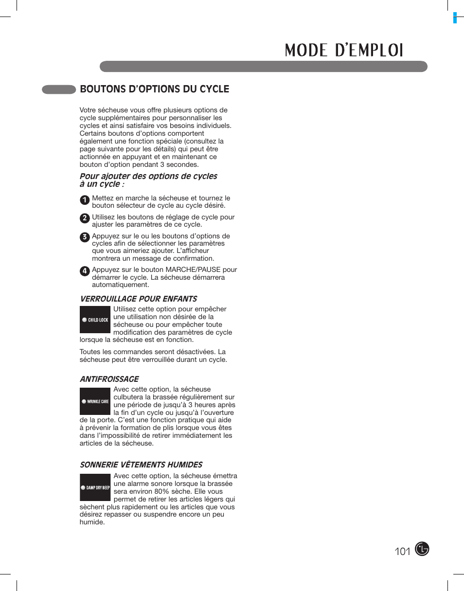 Boutons d’options du cycle | LG DLE2101W User Manual | Page 101 / 112