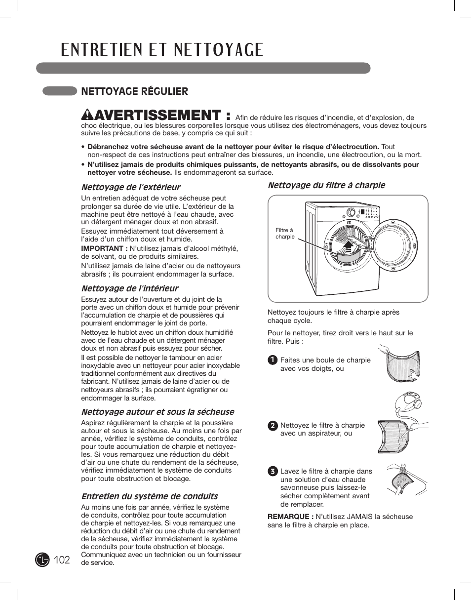 Wavertissement, Nettoyage régulier | LG DLE2101W User Manual | Page 102 / 112