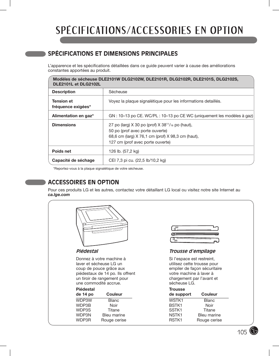 Spécifications et dimensions principales, Accessoires en option | LG DLE2101W User Manual | Page 105 / 112