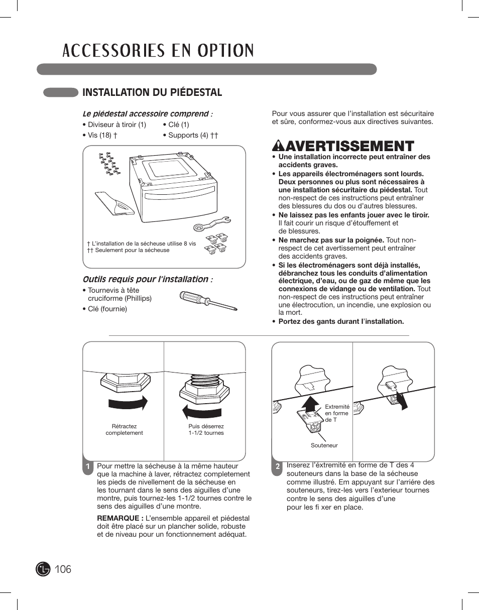 Wavertissement, Installation du piédestal | LG DLE2101W User Manual | Page 106 / 112