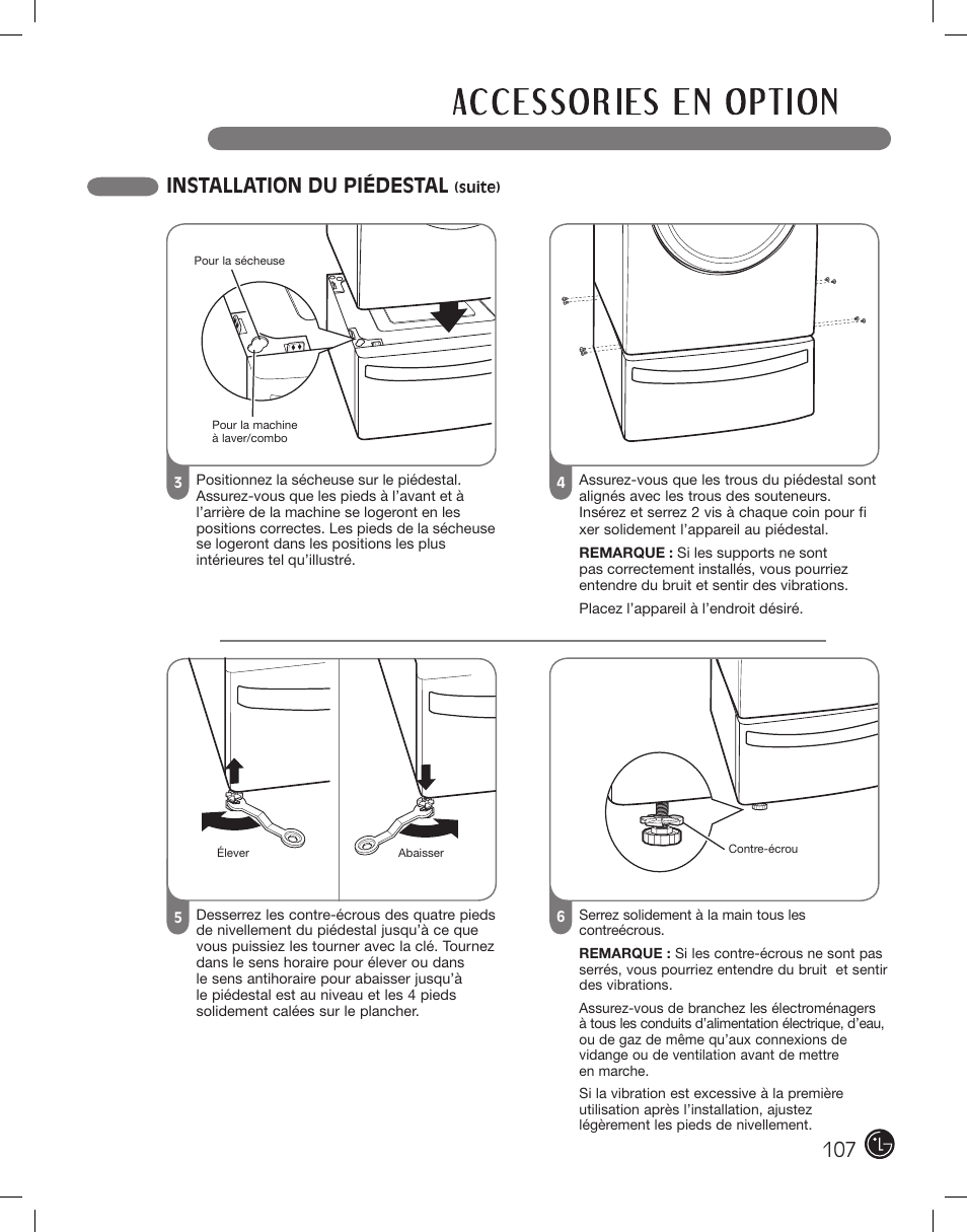 Installation du piédestal | LG DLE2101W User Manual | Page 107 / 112