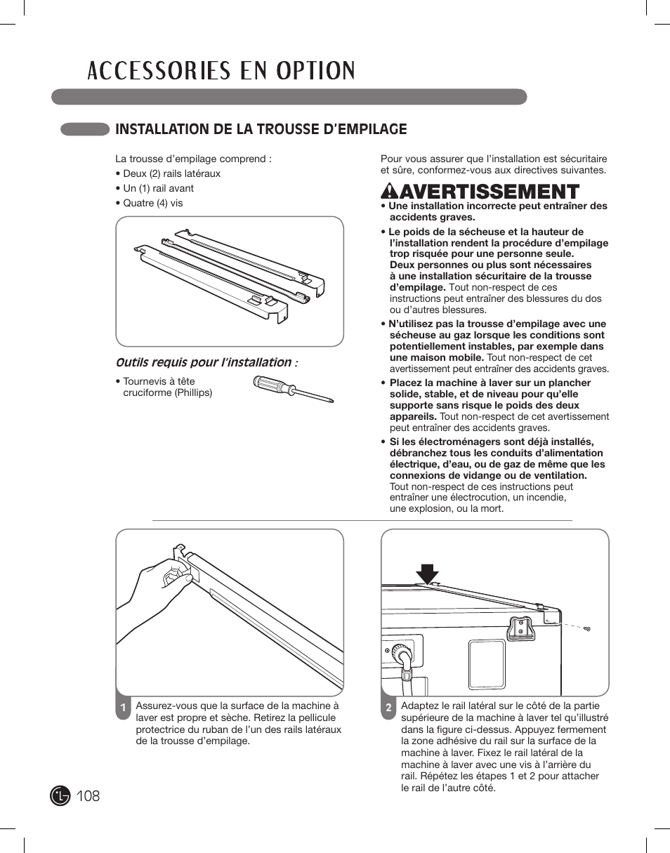 Wavertissement, Installation de la trousse d’empilage | LG DLE2101W User Manual | Page 108 / 112
